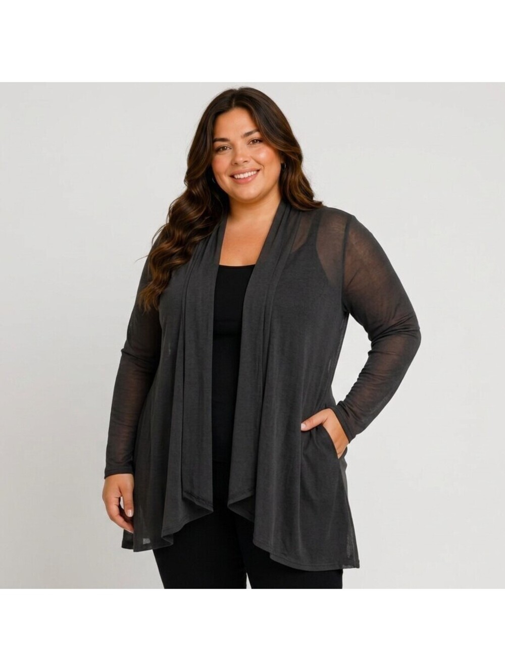MSK Top Women 3X Plus Black Open Front Long Sleeve Sheer Casual Stretch Solid